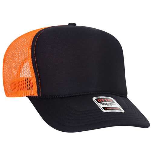 Otto 39-165 Cap 5 Panel High Crown Mesh Back Trucker Hat - 030309 - Blk/Blk/N Org - HIT a Double - 1