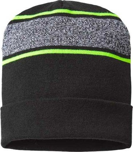 Cap America RKV12 USA-Made Variegated Striped Cuffed Beanie - Black Neon Yellow - HIT a Double - 1