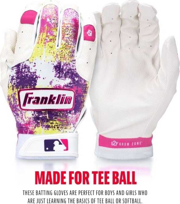Franklin MLB Teeball Grow 2 Pro Batting Gloves - White Neon Pink - HIT a Double - 1
