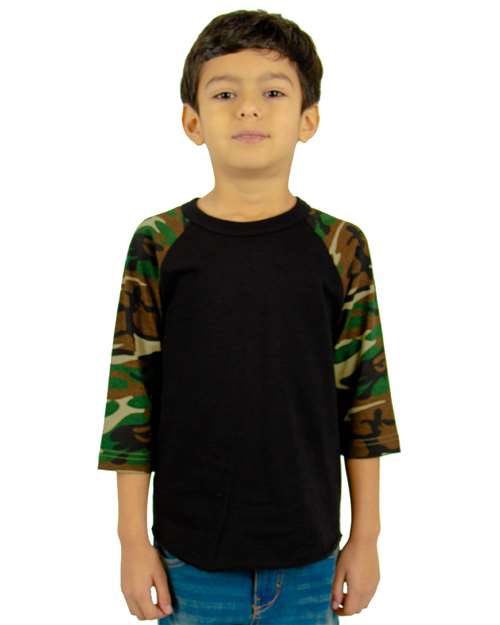 Black/ Camo Green Youth Three-Quarter Sleeve Camo Raglan T-Shirt - SHRAGCY