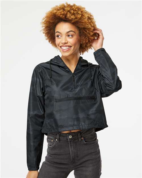 Black Camo Women's Lightweight Quarter-Zip Pullover Crop Windbreaker - EXP64CRP
