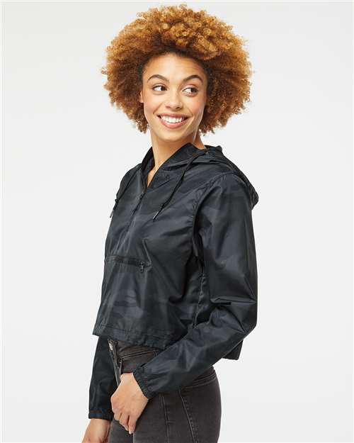Black Camo Women's Lightweight Quarter-Zip Pullover Crop Windbreaker - EXP64CRP