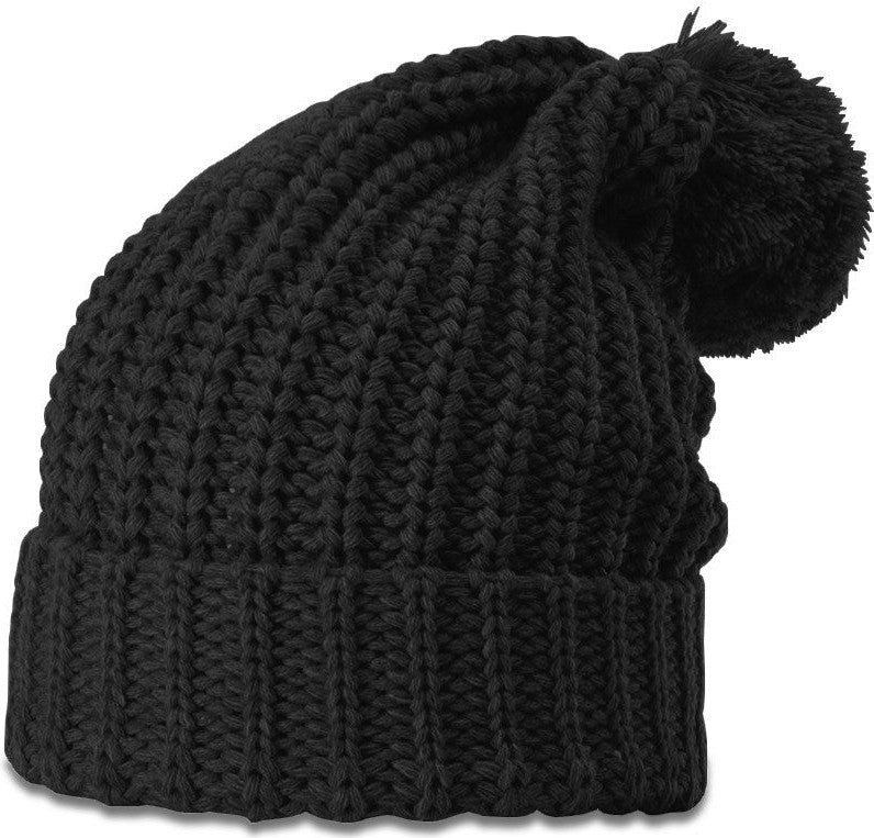 Black Chunk Cable Beanie with Cuff & Pom
