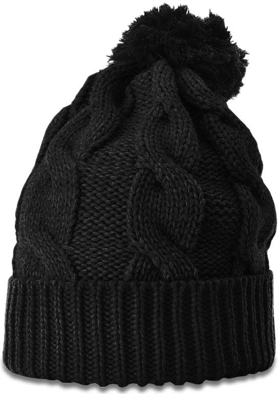 Black Chunk Twist Knit Beanie with Cuff & Pom
