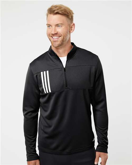 Black/ Grey Two 3-Stripes Double Knit Quarter-Zip Pullover - A482