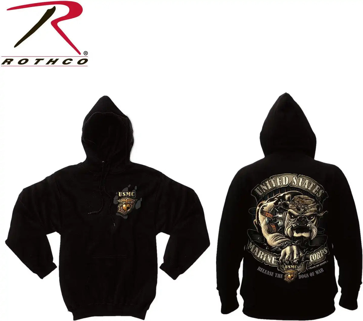 Black Ink U.s.m.c. Bulldog Hooded Pullover Sweatshirt