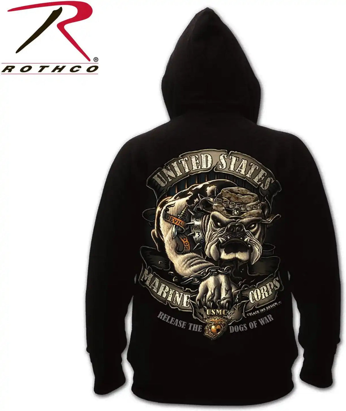 Black Ink U.s.m.c. Bulldog Hooded Pullover Sweatshirt