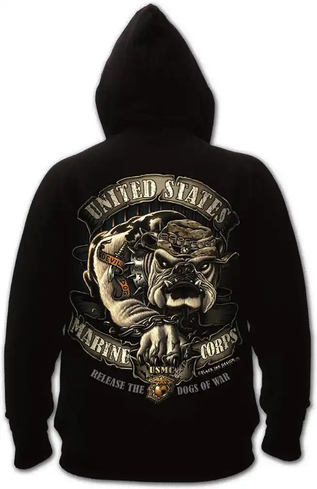 Black Ink U.s.m.c. Bulldog Hooded Pullover Sweatshirt