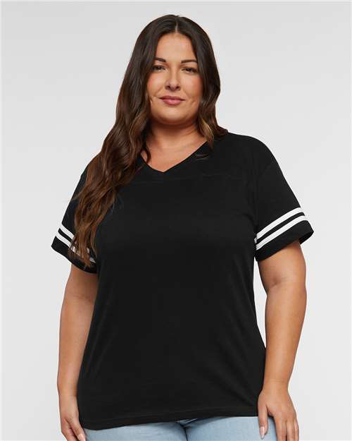 Black Solid/ White Women's Football V-Neck Fine Jersey Tee - 3537