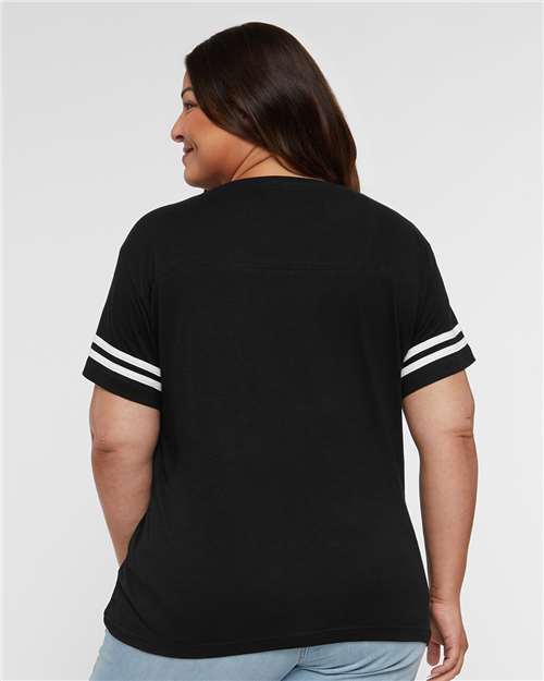Black Solid/ White Women's Football V-Neck Fine Jersey Tee - 3537