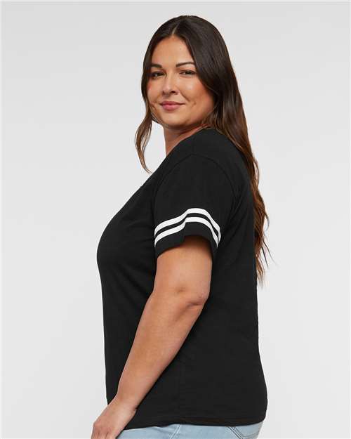 Black Solid/ White Women's Football V-Neck Fine Jersey Tee - 3537