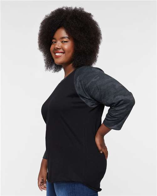 Black/ Storm Camo Women's Baseball Fine Jersey Three-Quarter Sleeve Tee - 3530