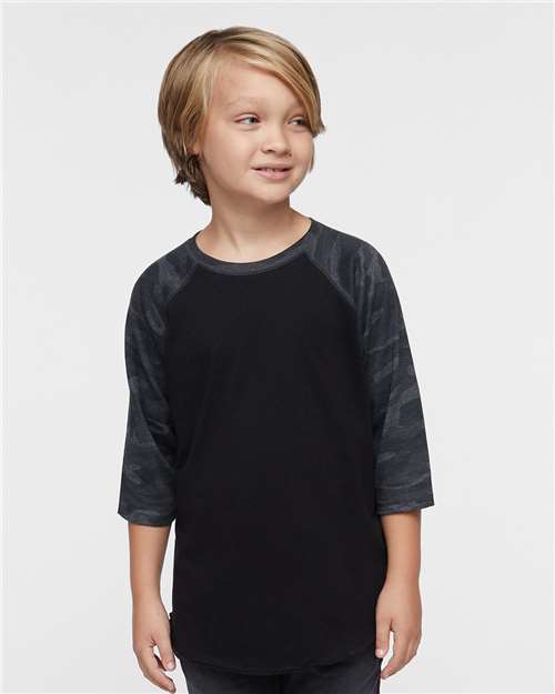 Black/ Storm Camo Youth Baseball Fine Jersey Three-Quarter Sleeve Tee - 6130