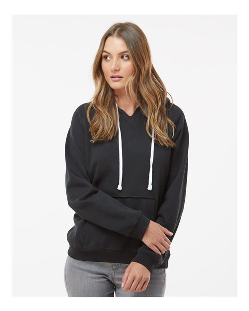 Black Women's Sueded V-Neck Hooded Sweatshirt - 8836