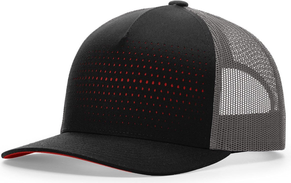 Black/Charcoal/Red Laser Cut Five Panel Trucker