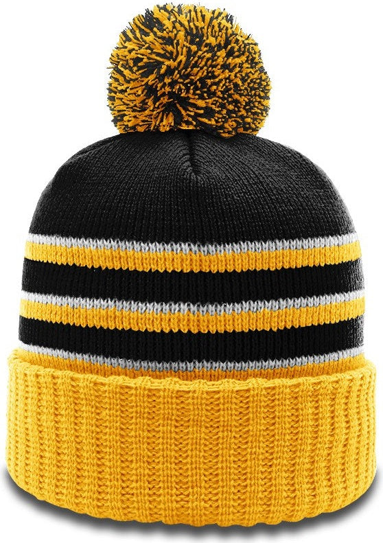 Black/Gold/White Sriped Beanie with Cuff & Pom