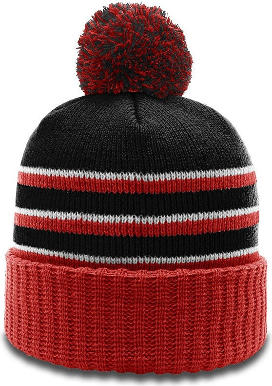 Black/Red/White Sriped Beanie with Cuff & Pom