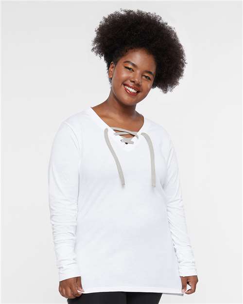 Blended White/ Titanium Women's Fine Jersey Lace-Up Long Sleeve T-Shirt - 3538