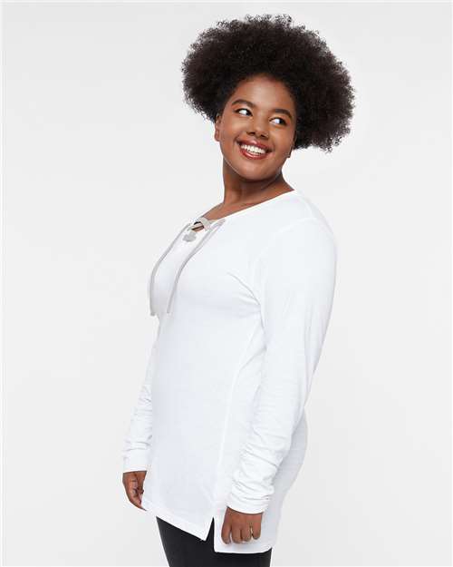 Blended White/ Titanium Women's Fine Jersey Lace-Up Long Sleeve T-Shirt - 3538