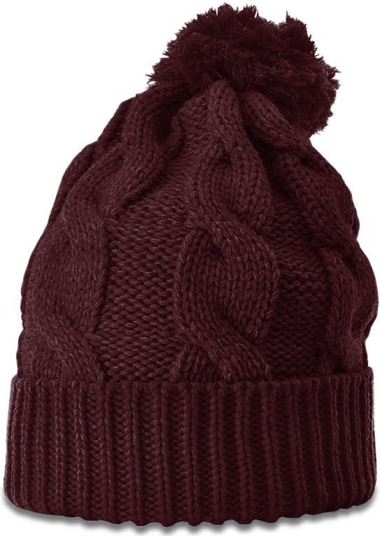 Burgundy Chunk Twist Knit Beanie with Cuff & Pom