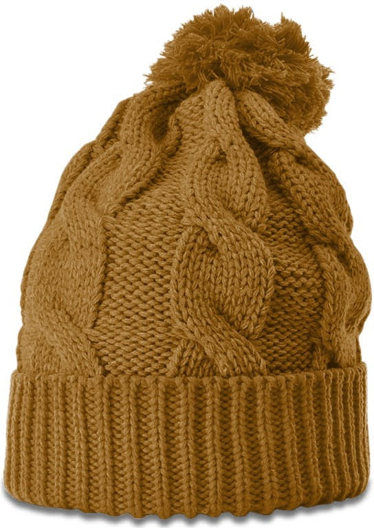 Camel Chunk Twist Knit Beanie with Cuff & Pom
