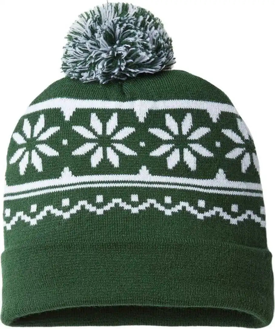 Cap America Rkf12 Snowflake Knit with Cuff Beanie - Forest Green - one Size Fits Most