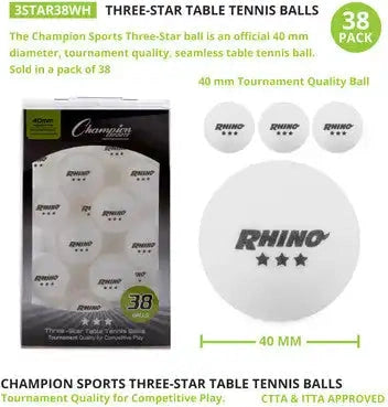 Champion Sports 3str 3-star Tournament Table Tennis Balls - 38 Pk