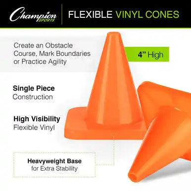 Champion Sports 4’’h Cone High-visibility Flexible Vinyl Cone - Set - of 6 Colors
