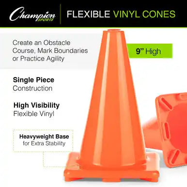 Champion Sports 9’’h Cone High-visibility Flexible Vinyl Cone - Set - of 6 Colors