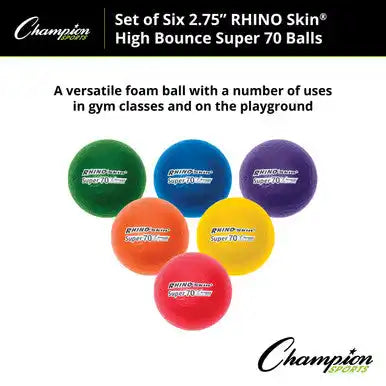 Champion Sports Rs70 2.75’’ Rhino Skin High Bounce Super 70 Foam Ball - Set - of 6 Colors