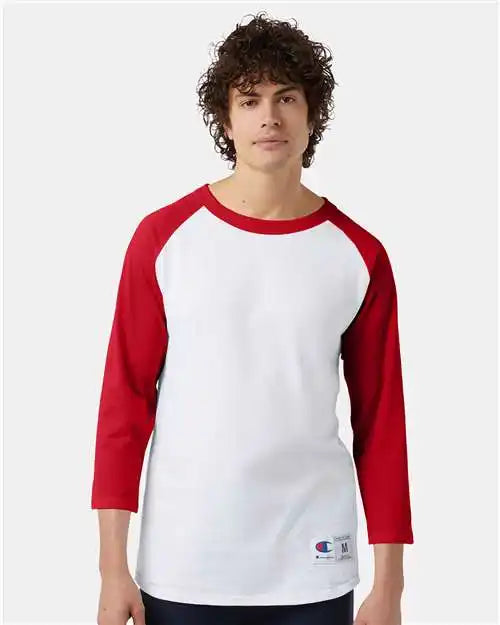 Champion T137 Raglan Sleeve Baseball T-shirt - White Scarlet