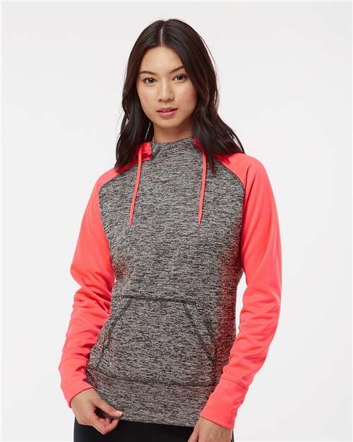 Charcoal Fleck/ Fire Coral Women’s Colorblocked Cosmic Fleece Hooded Sweatshirt - 8618