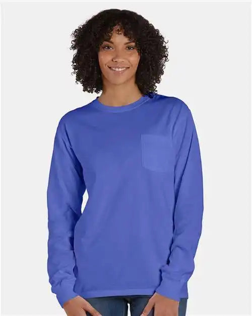Comfortwash by Hanes Gdh250 Garment-dyed Long Sleeve T-shirt with a Pocket - Deep Forte Blue