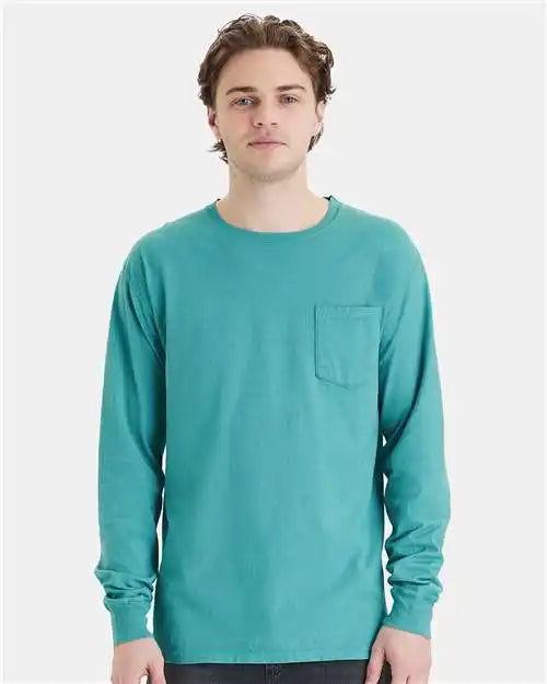 Comfortwash by Hanes Gdh250 Garment-dyed Long Sleeve T-shirt with a Pocket - Spanish Moss