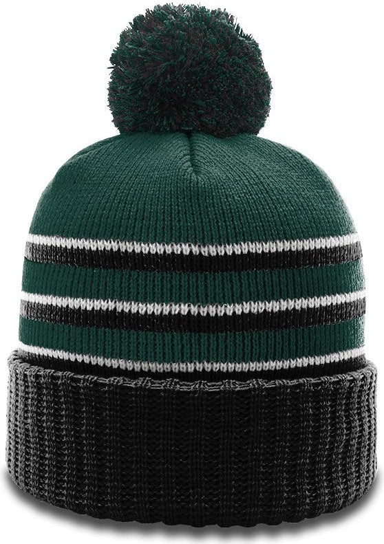 Dark Green/Black/White Sriped Beanie with Cuff & Pom