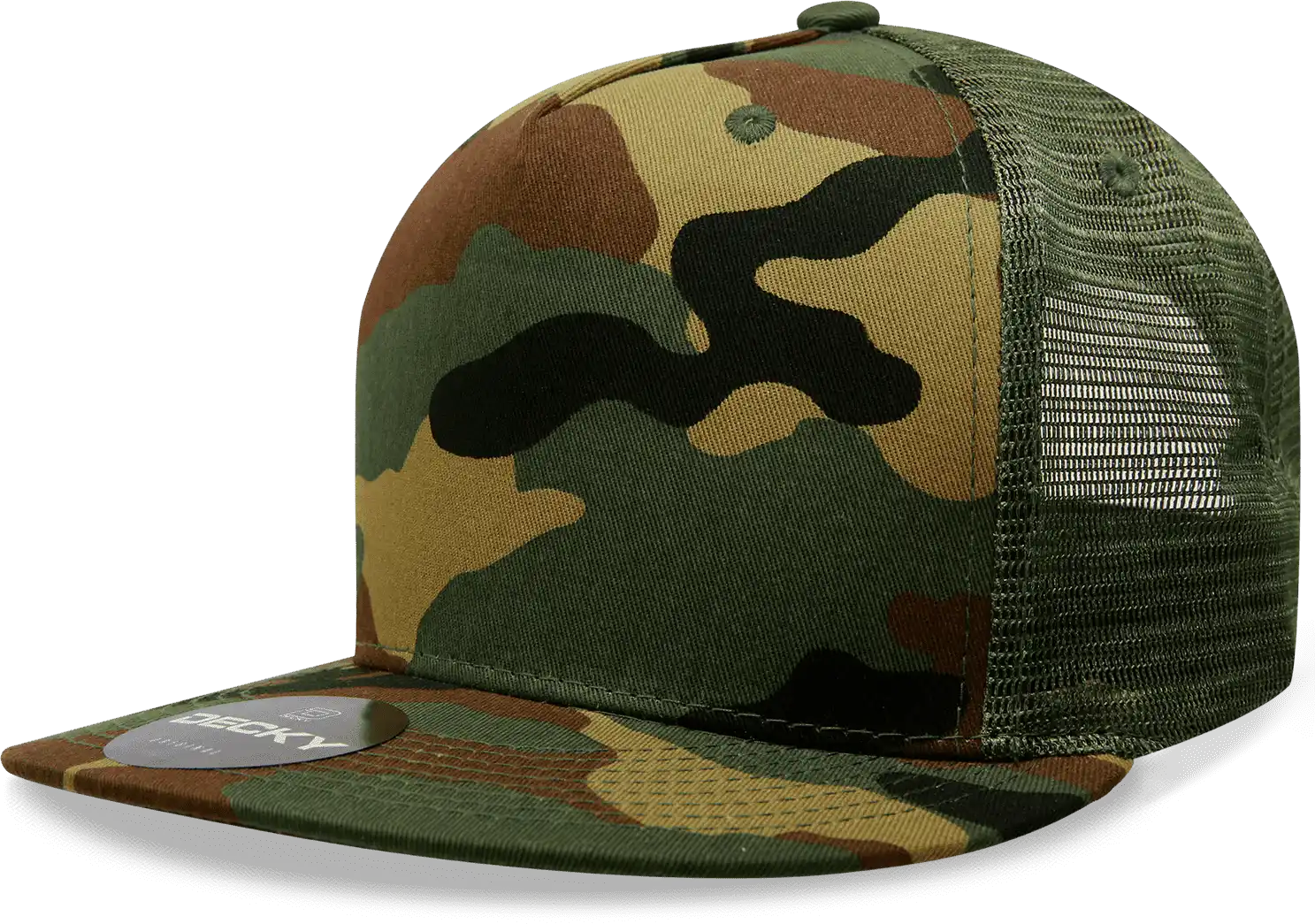 Decky 1063 10 Panel Flat Bill Trucker Cap - Woodland Camo - one Size Fits Most