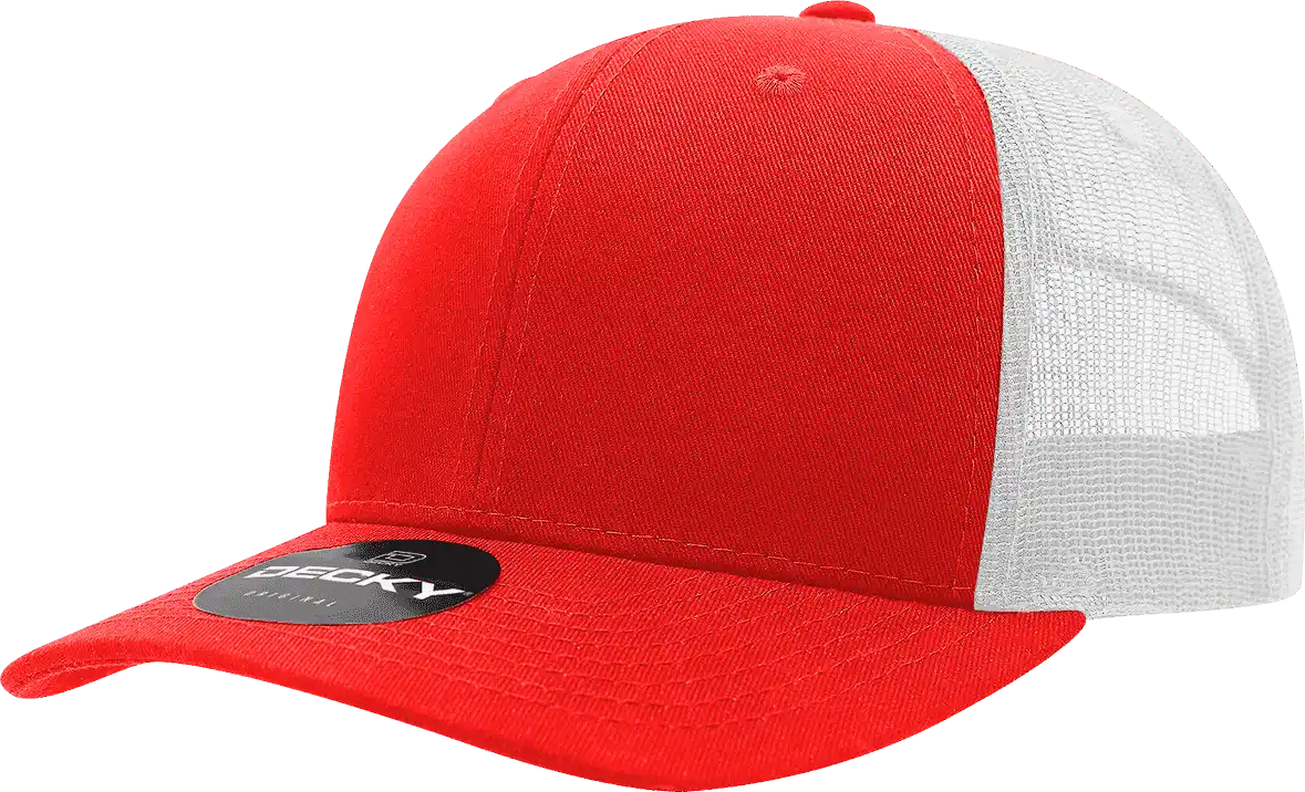 Decky 6021 Mid Profile 6 Panel Poly Cotton Trucker Cap - Red White - one Size Fits Most