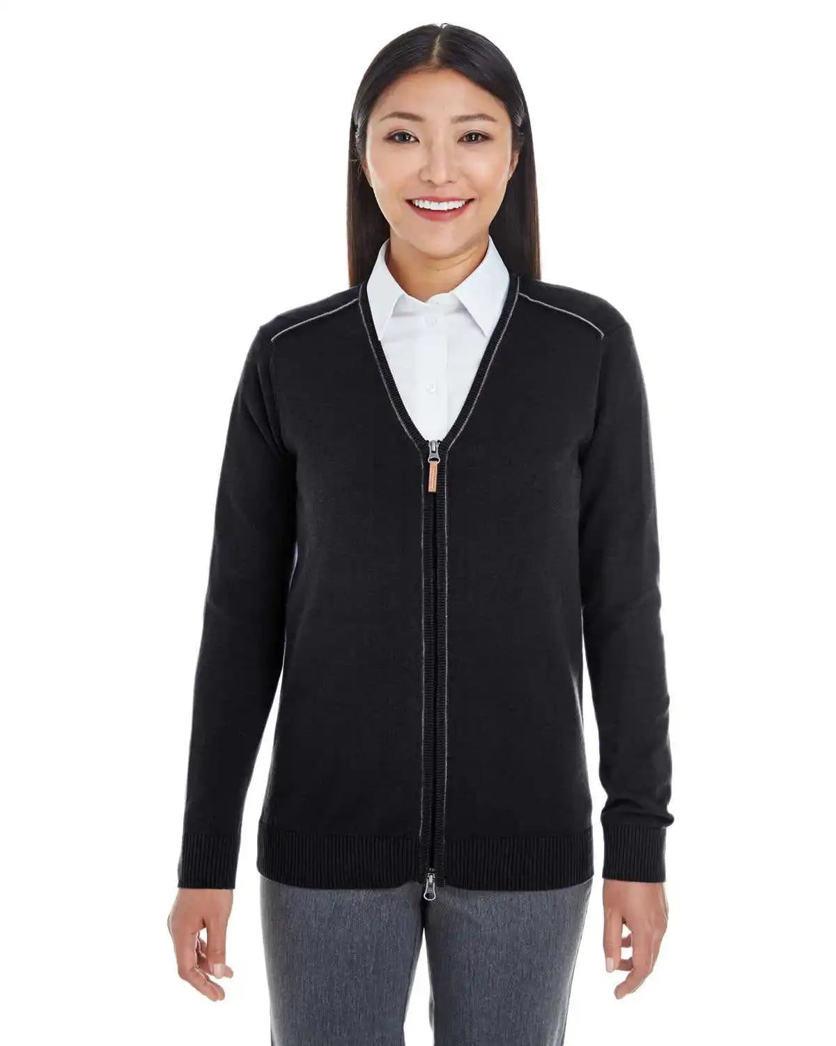 Devon & Jones Dg478w Ladies’ Manchester Fully-fashioned Full-zip Cardigan Sweater - Black Graphite
