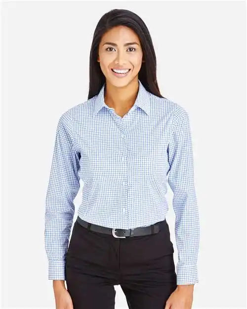 Devon & Jones Dg540w Women’s Crownlux Performance® Micro Windowpane Woven Dress Shirt - French Blue White - Blue/ / Xs