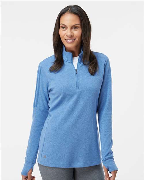 Focus Blue Melange Women's 3-Stripes Quarter-Zip Sweater - A555