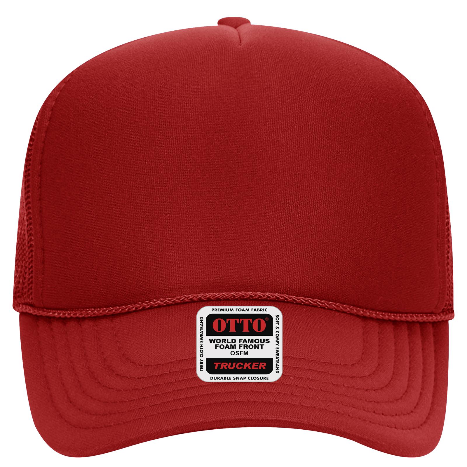 Front View of 002 - Red OTTO CAP 5 Panel Mid Profile Mesh Back Trucker Hat