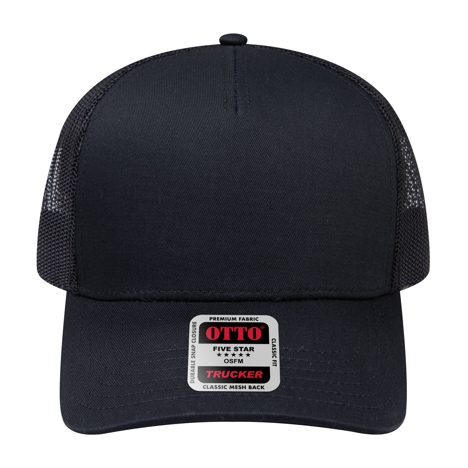 Front View of 003 - Black OTTO CAP 5 Panel Low Profile Mesh Back Trucker Hat