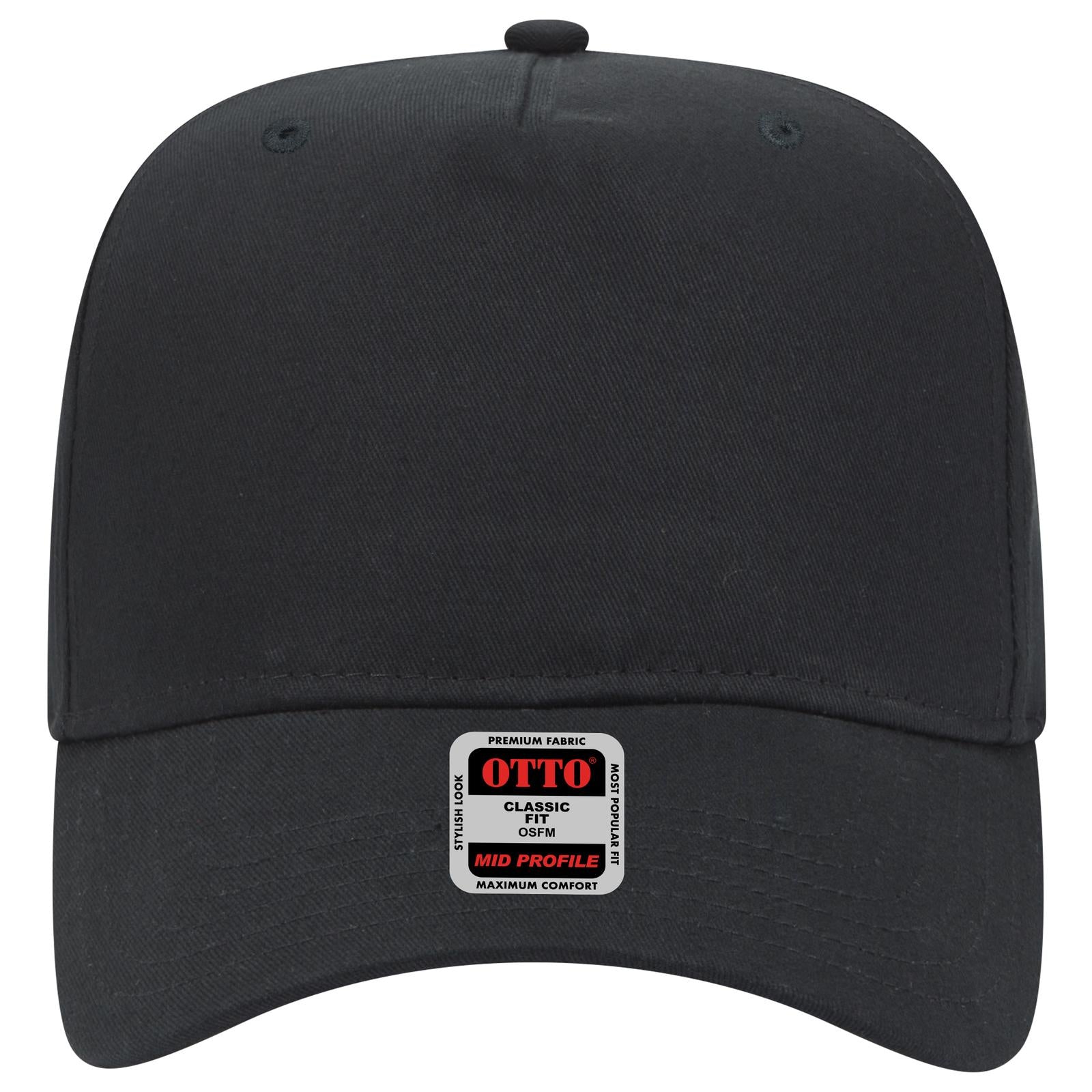 Front View of 003 - Black OTTO CAP 5 Panel Mid Profile Baseball Cap