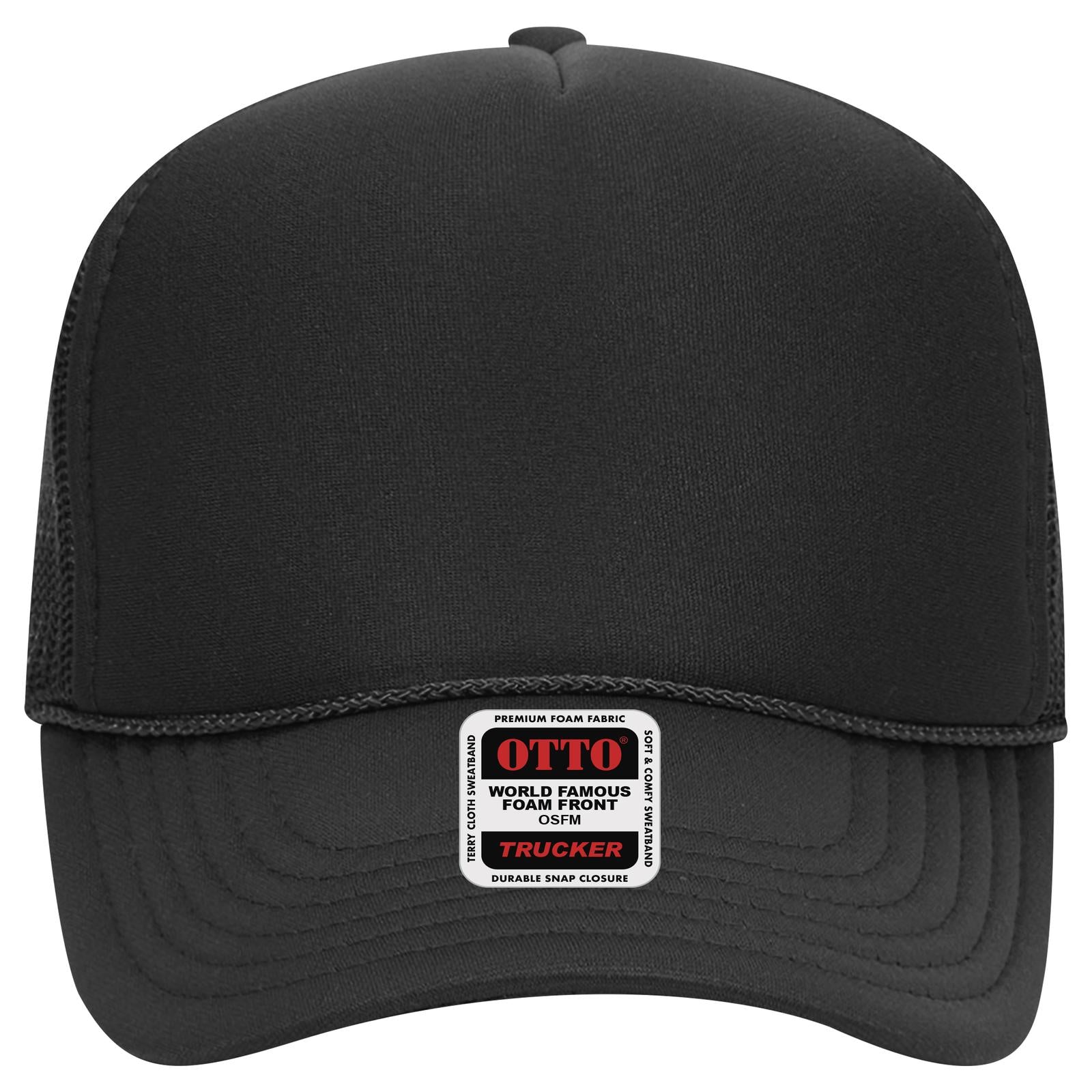 Front View of 003 - Black OTTO CAP 5 Panel Mid Profile Mesh Back Trucker Hat