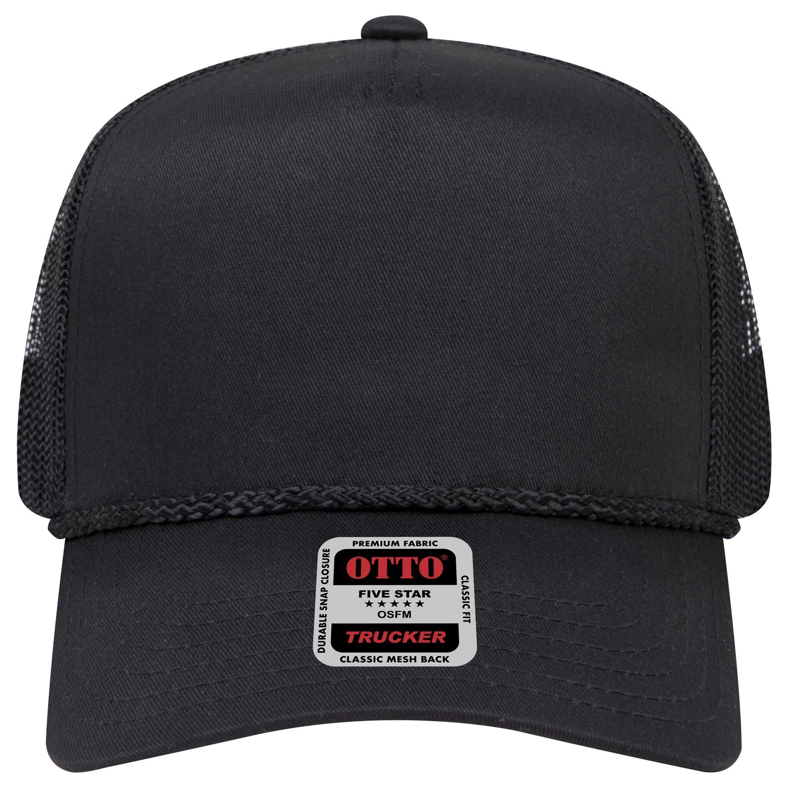 Front View of 003 - Black OTTO CAP 5 Panel Mid Profile Mesh Back Trucker Hat