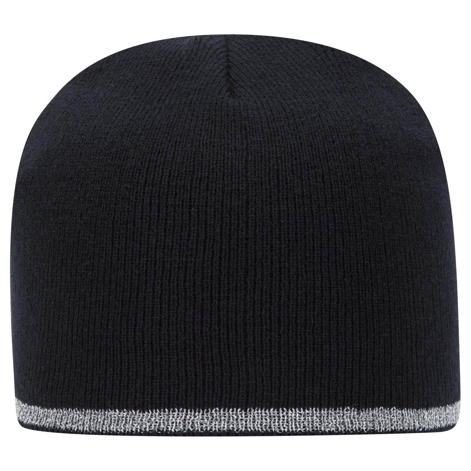 Front View of 003 - Black OTTO CAP 9" Classic Knit Beanie w/ Reflective Stripe