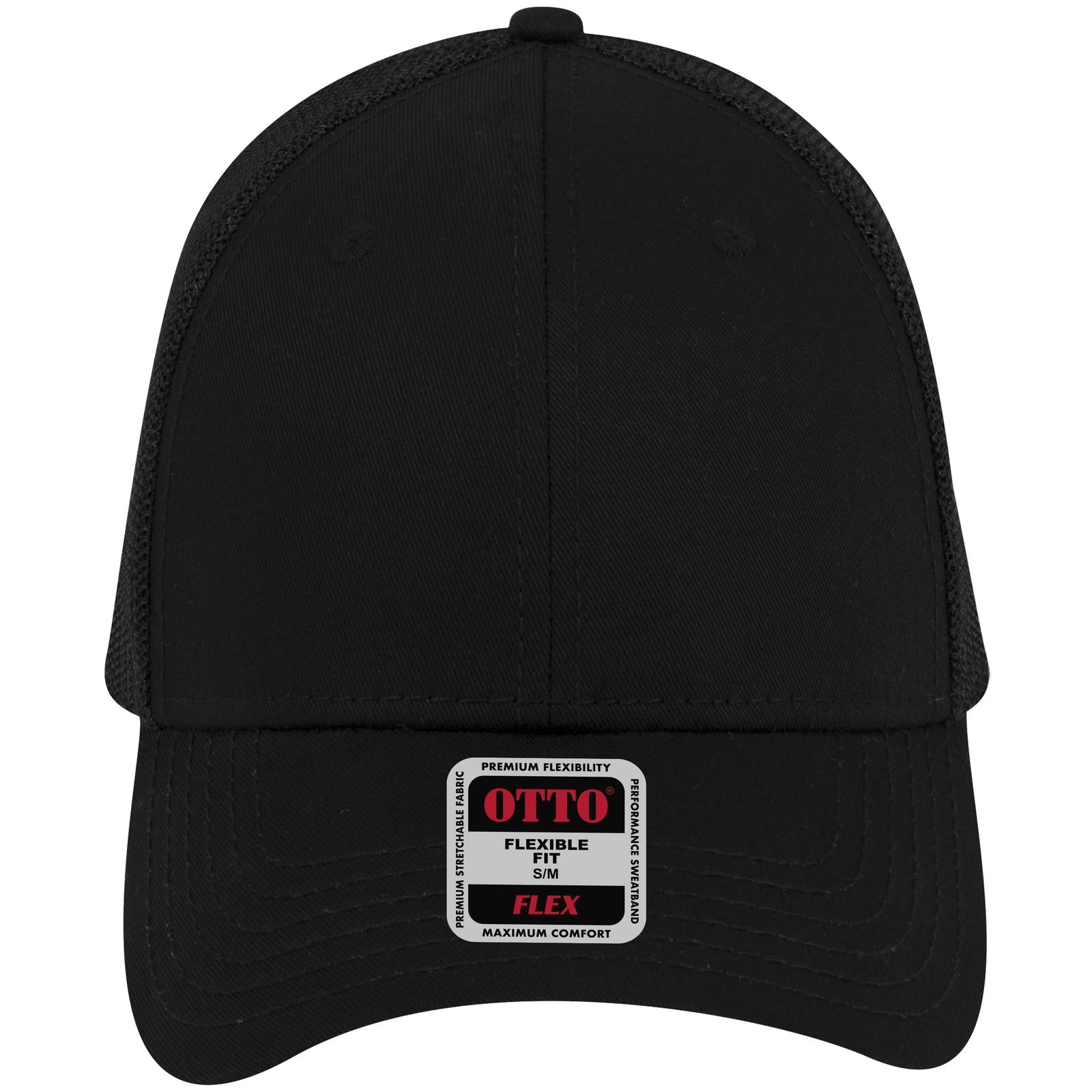 Front View of 003 - Black OTTO CAP "OTTO FLEX" Fitted 6 Panel Low Profile Mesh Back Trucker Hat