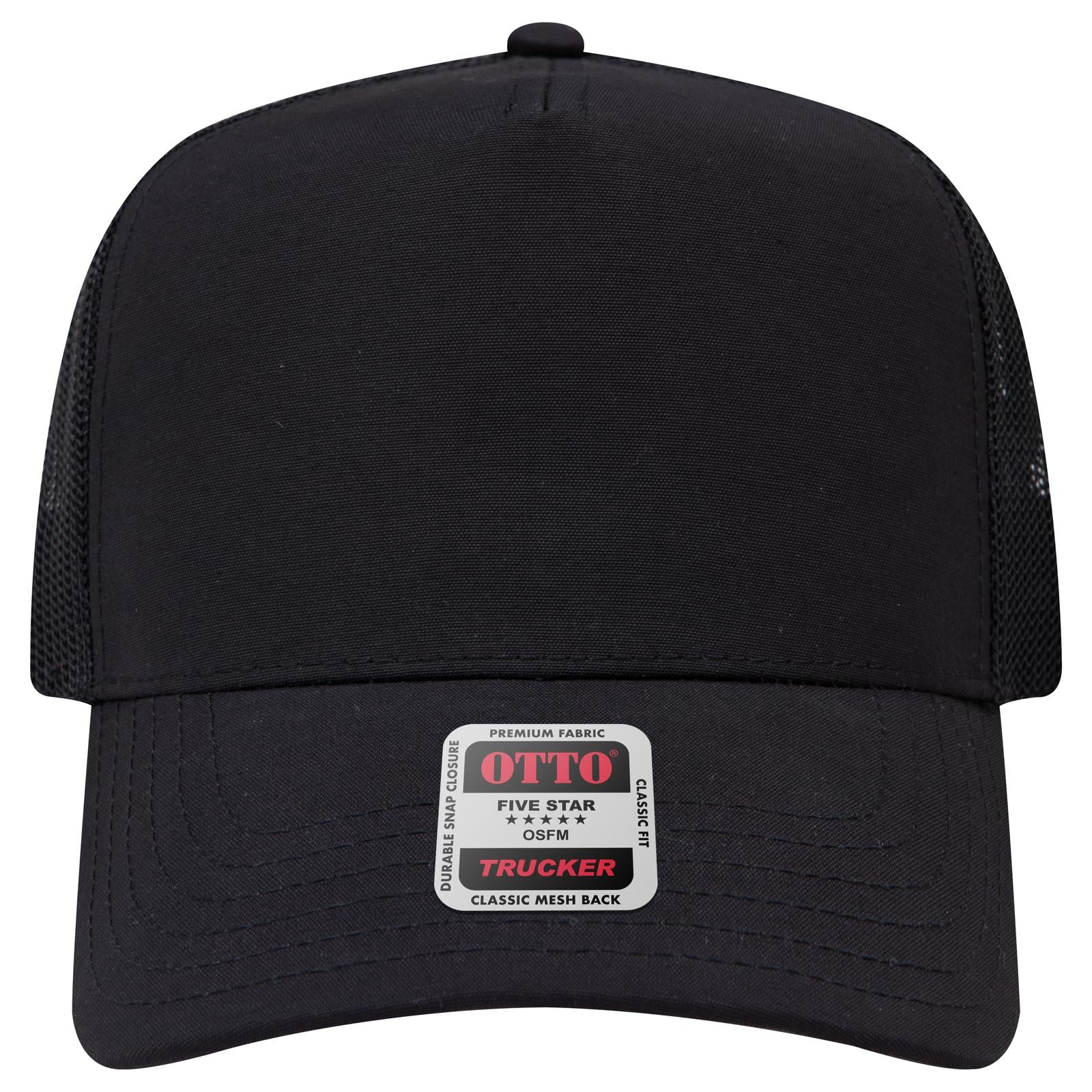 Front View of 003B - Black OTTO CAP 5 Panel Mid Profile Mesh Back Trucker Hat