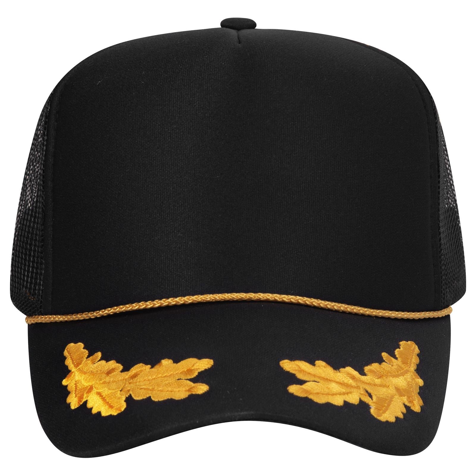 Front View of 003M - Blk/Gld OTTO CAP 5 Panel High Crown Mesh Back Trucker Hat