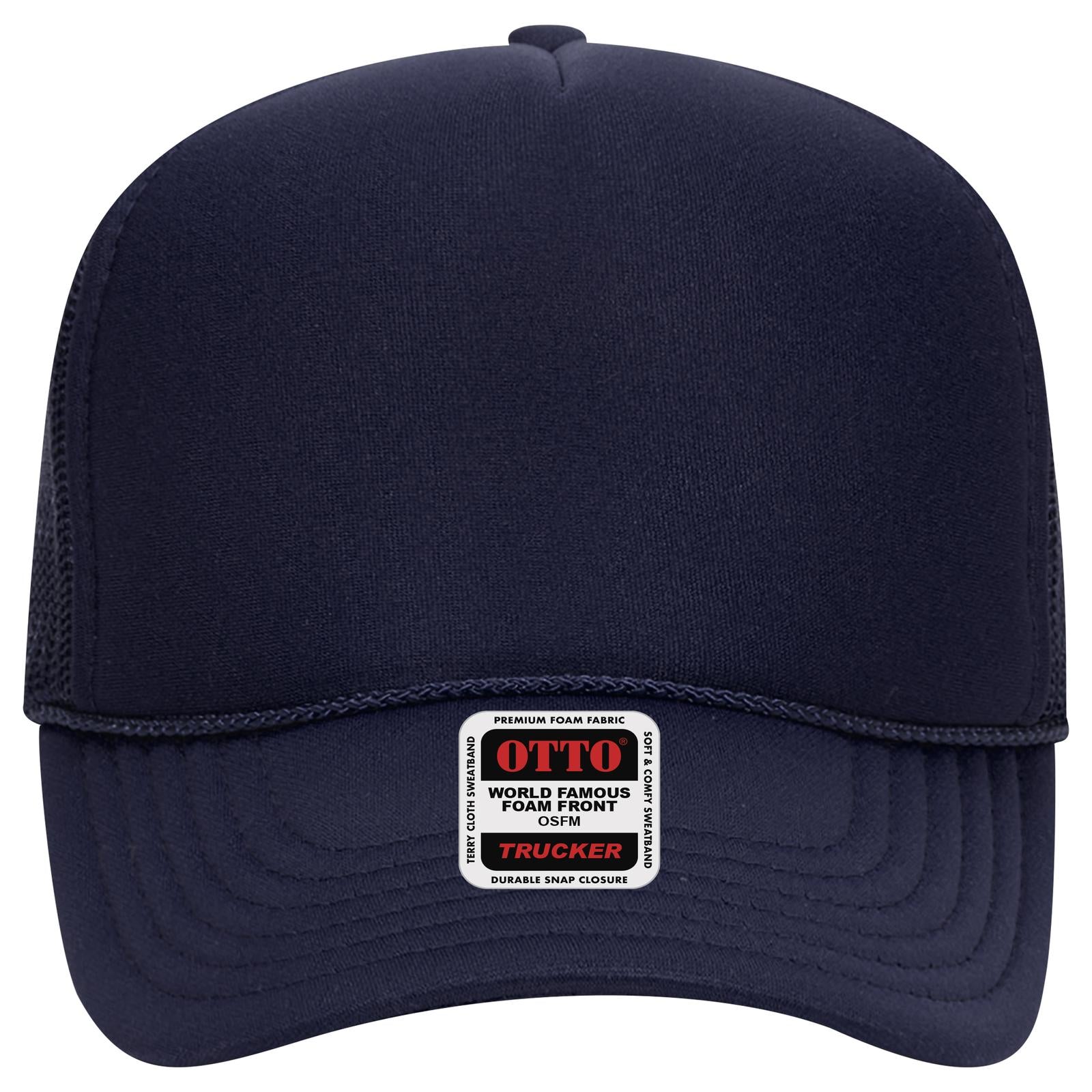 Front View of 004 - Navy OTTO CAP 5 Panel Mid Profile Mesh Back Trucker Hat
